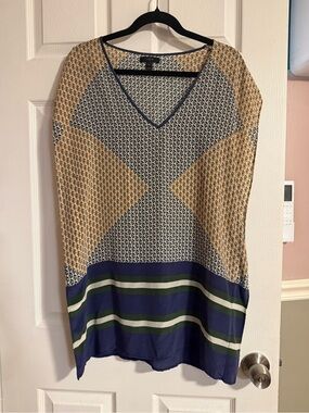 J. Crew 100% silk, Navy & Green Geometric V-Neck Swim Coverup